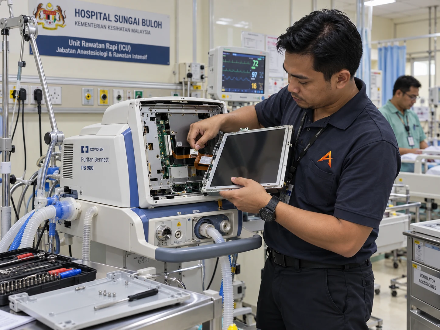 Technician replacing a PB 980 ventilator LCD screen at Hospital Sungai Buloh
